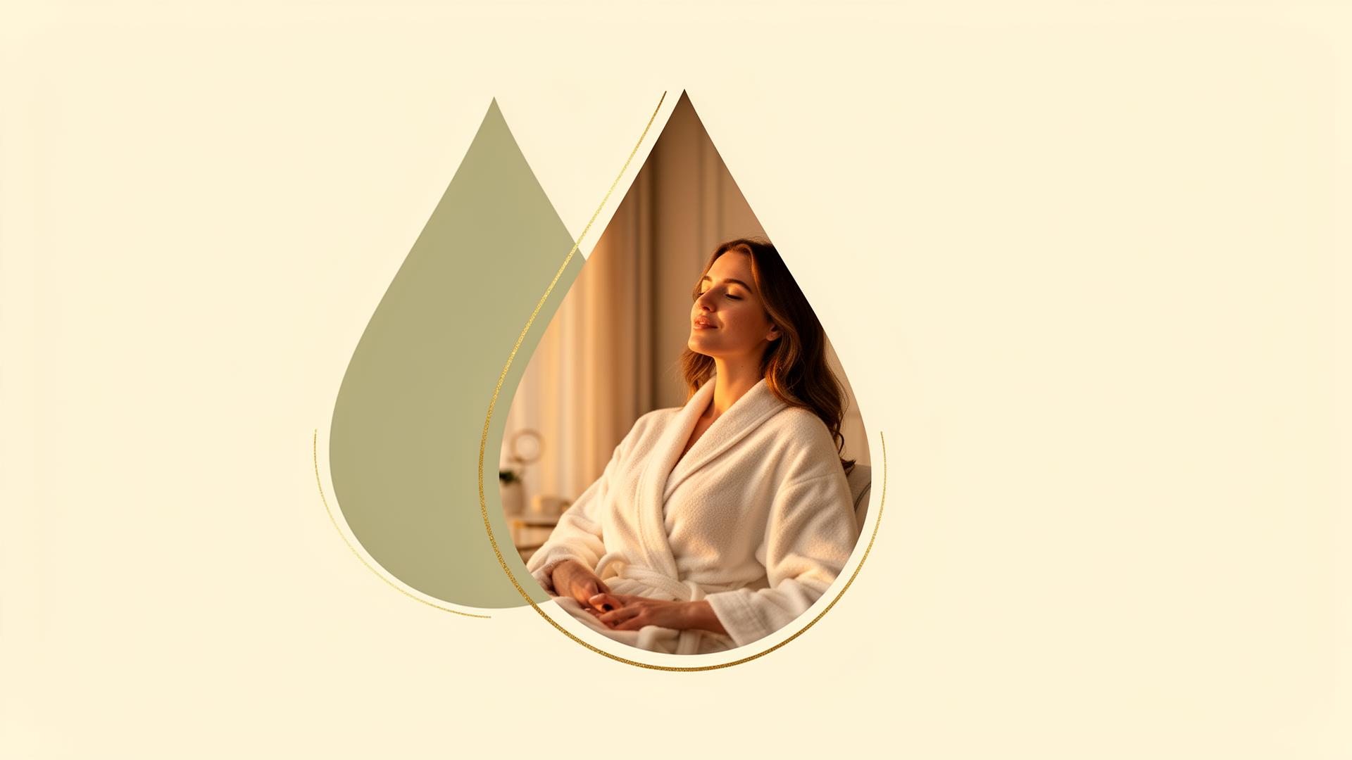 Composición wellness Vitalis con silueta de gota de suero en verde sage sobre fondo marfil