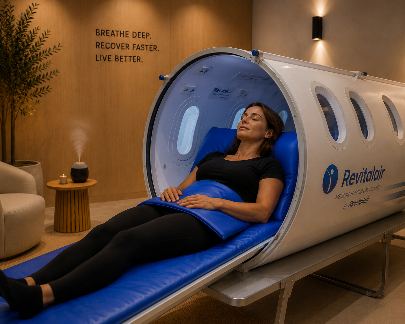 Mujer descansando en cámara hiperbárica Revitalair en ambiente cálido